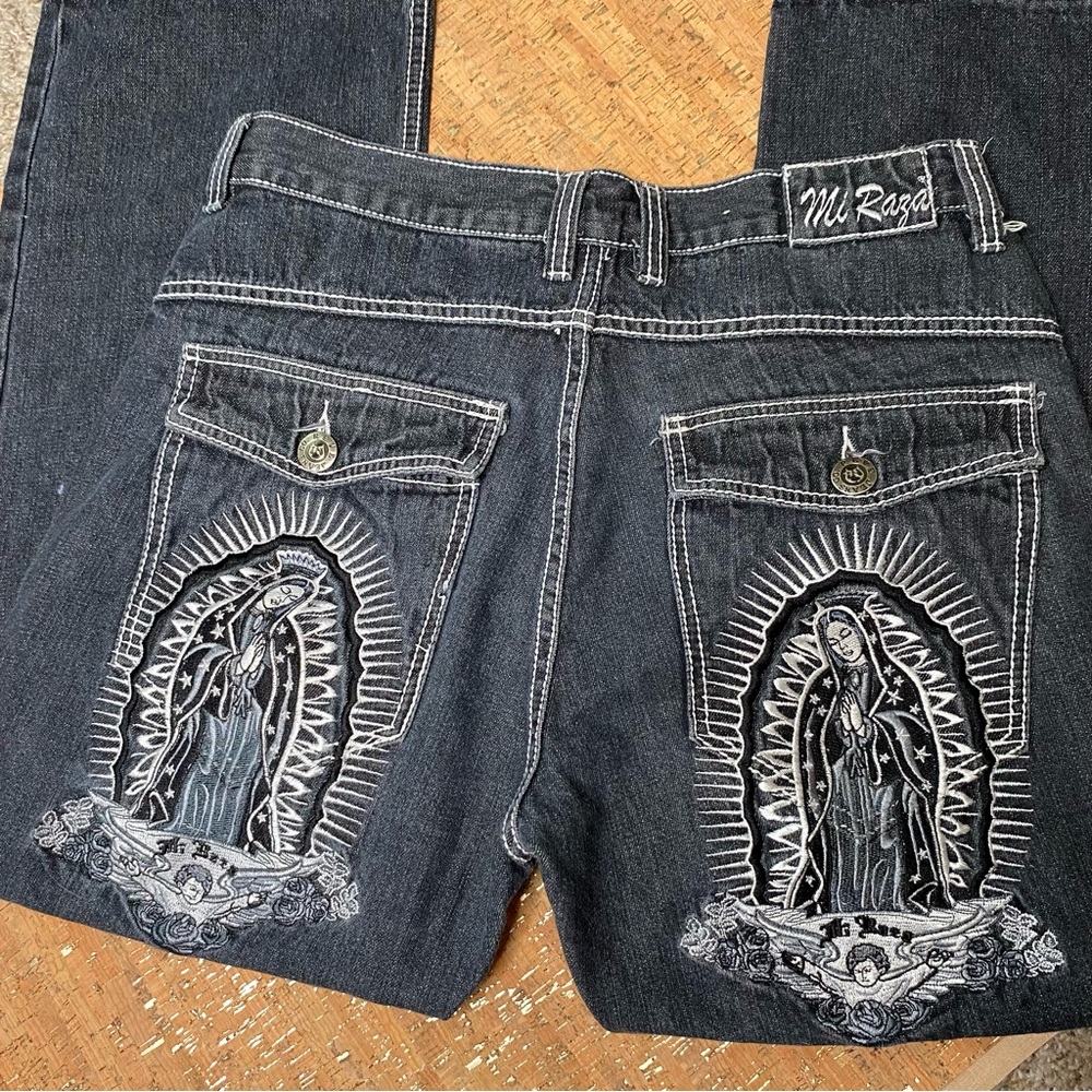 Mi Raza Dark Wash Baggy Fit Y2K Mother Mary on Back Pockets Size 34